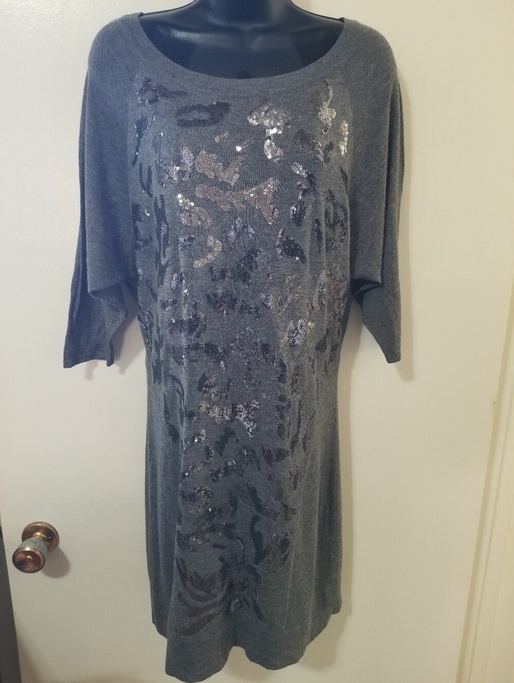Nicole Miller Sequin Knit Dress Gray Stretch Tunic Medium Glam